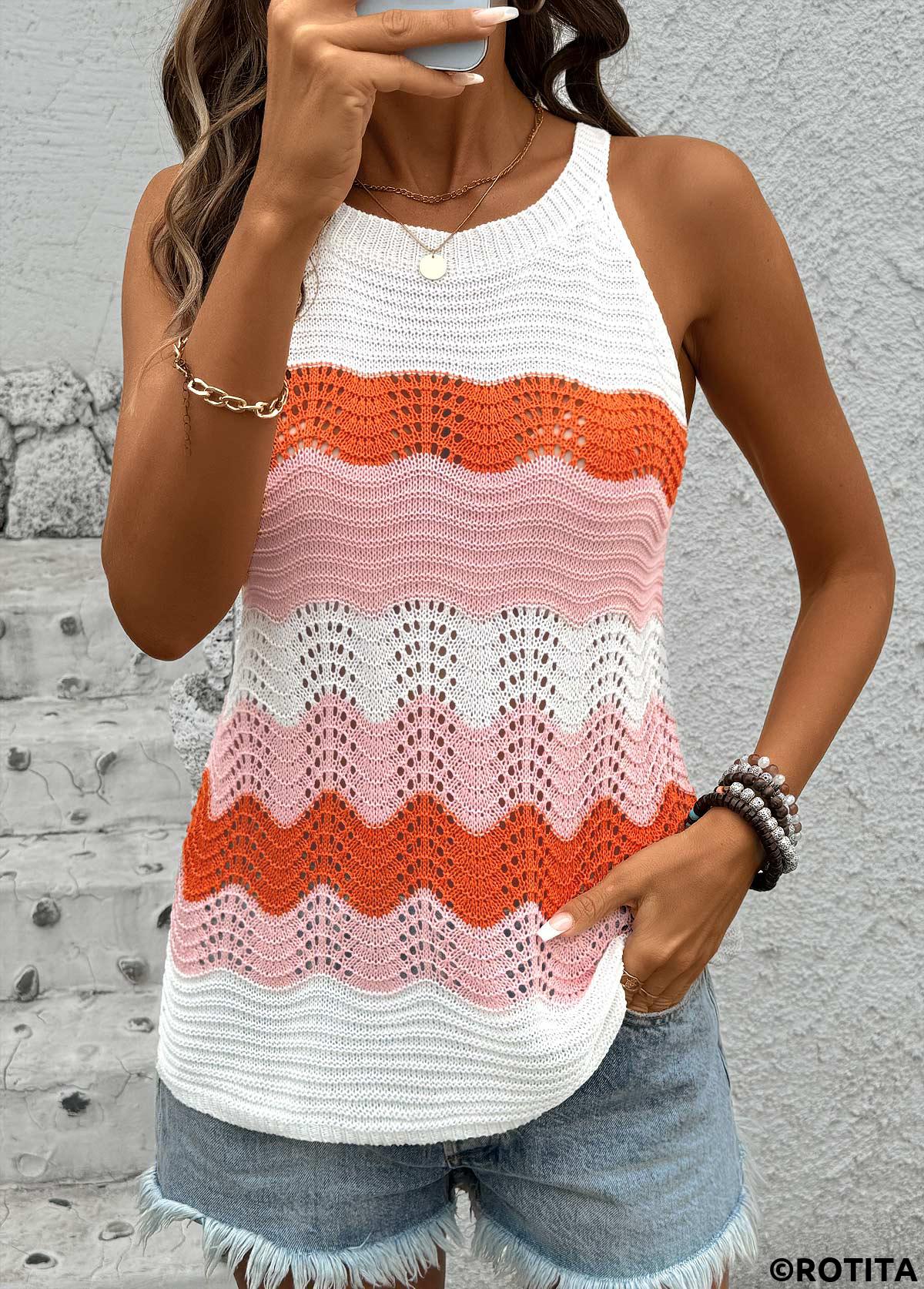 Sleeveless Round Neck Orange Crochet Ladies Top