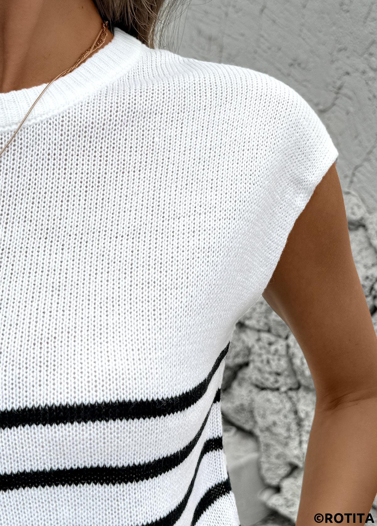 White tops,Striped tops,Geometric tops,Striped White Round Neck Short Sleeve T Shirt