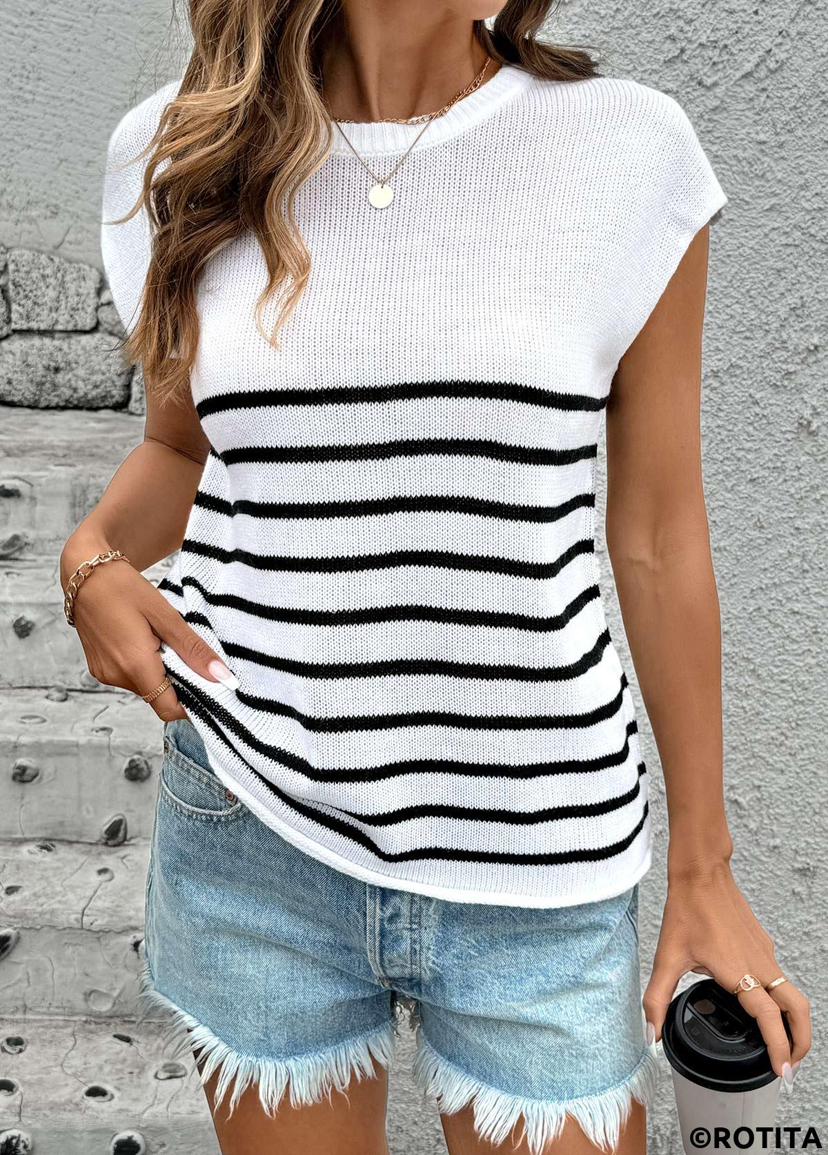 White tops,Striped tops,Geometric tops,Striped White Round Neck Short Sleeve T Shirt