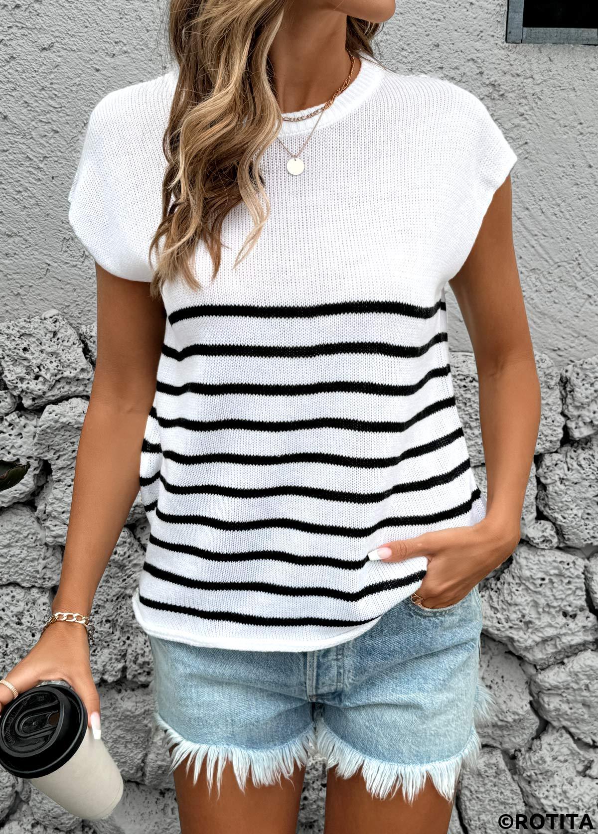 White tops,Striped tops,Geometric tops,Striped White Round Neck Short Sleeve T Shirt