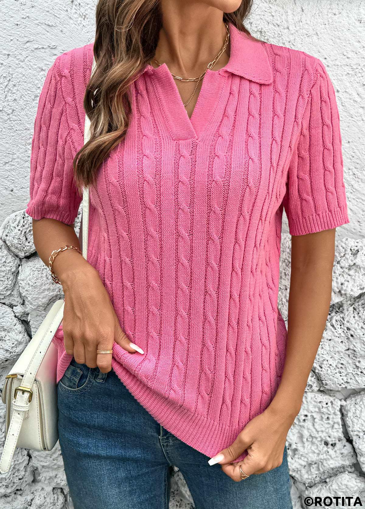 Hot Pink tops,Plain Color tops,Hot Pink Turn Down Collar Short Sleeve Blouse