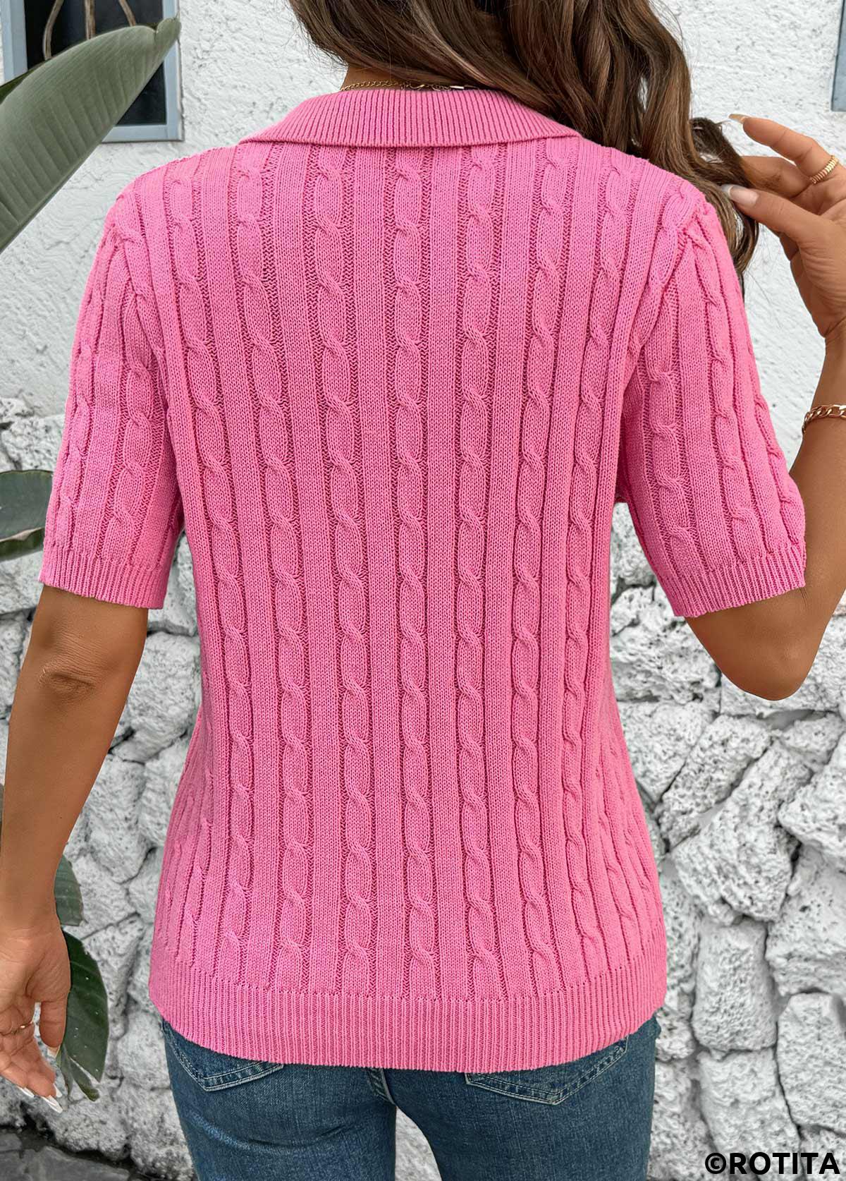 Hot Pink tops,Plain Color tops,Hot Pink Turn Down Collar Short Sleeve Blouse