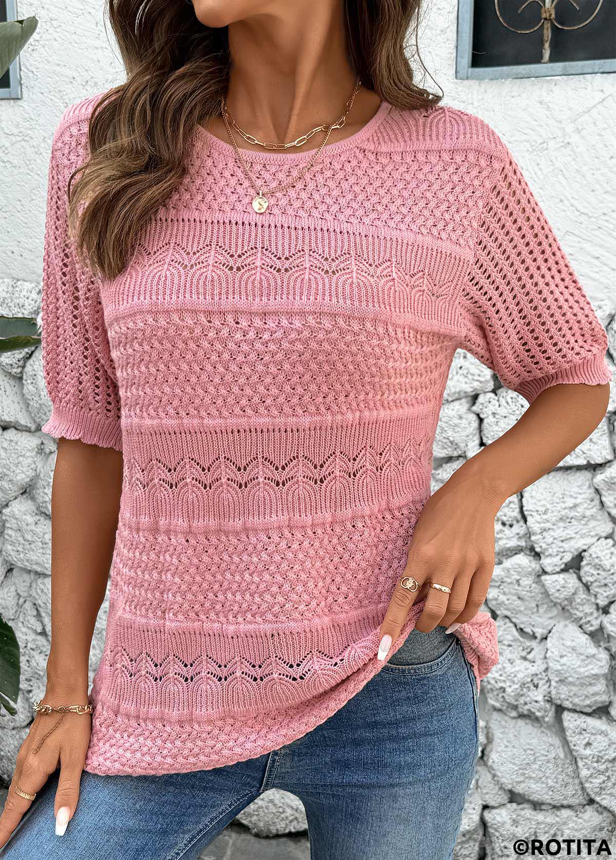 Pink tops,Plain Color tops,Round Neck Short Sleeve Pink Crochet Ladies Top