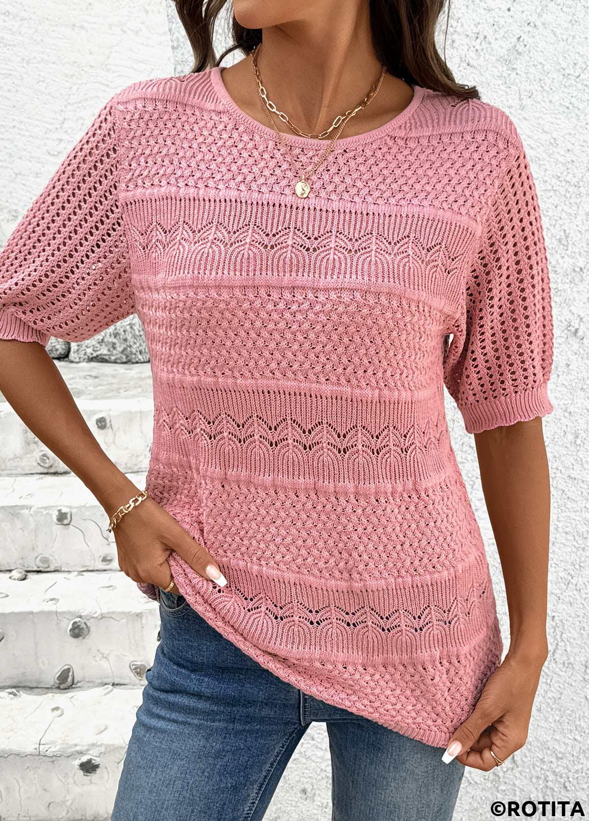 Pink tops,Plain Color tops,Round Neck Short Sleeve Pink Crochet Ladies Top