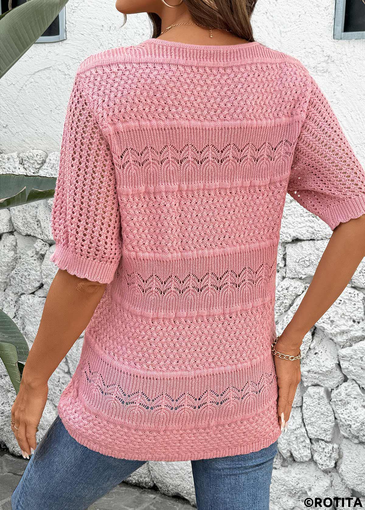 Pink tops,Plain Color tops,Round Neck Short Sleeve Pink Crochet Ladies Top