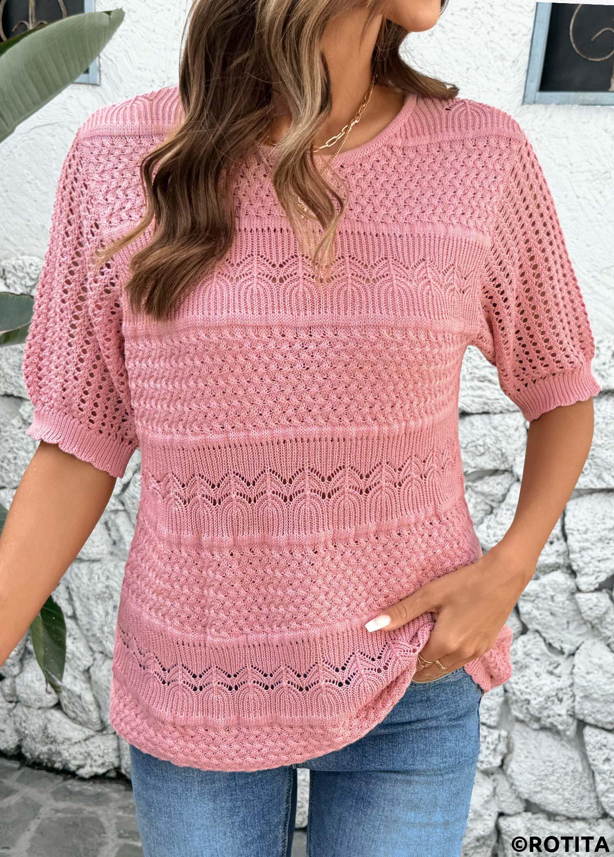 Pink tops,Plain Color tops,Round Neck Short Sleeve Pink Crochet Ladies Top