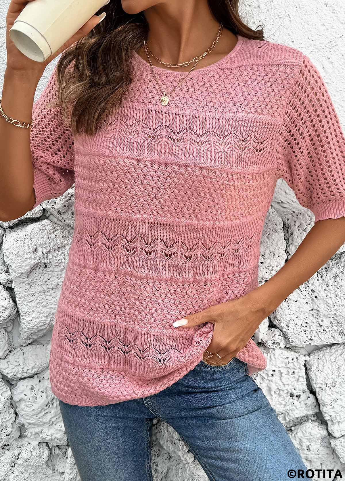 Pink tops,Plain Color tops,Round Neck Short Sleeve Pink Crochet Ladies Top