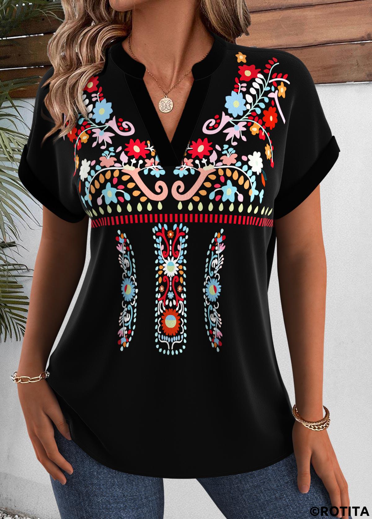 Black tops,Tribal tops,ROTITA Tribal Print Black Split Neck Short Sleeve Blouse