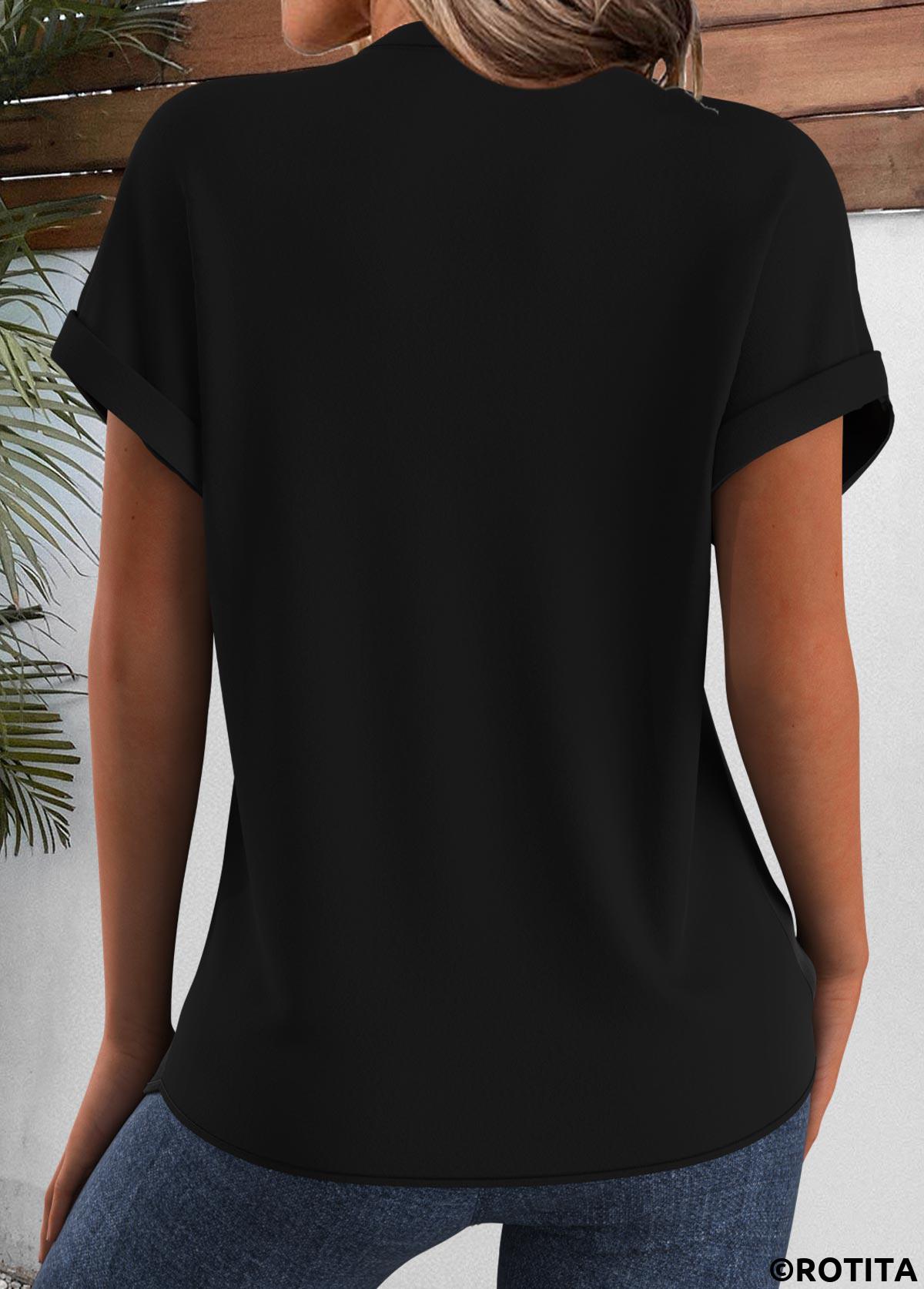 Black tops,Tribal tops,ROTITA Tribal Print Black Split Neck Short Sleeve Blouse