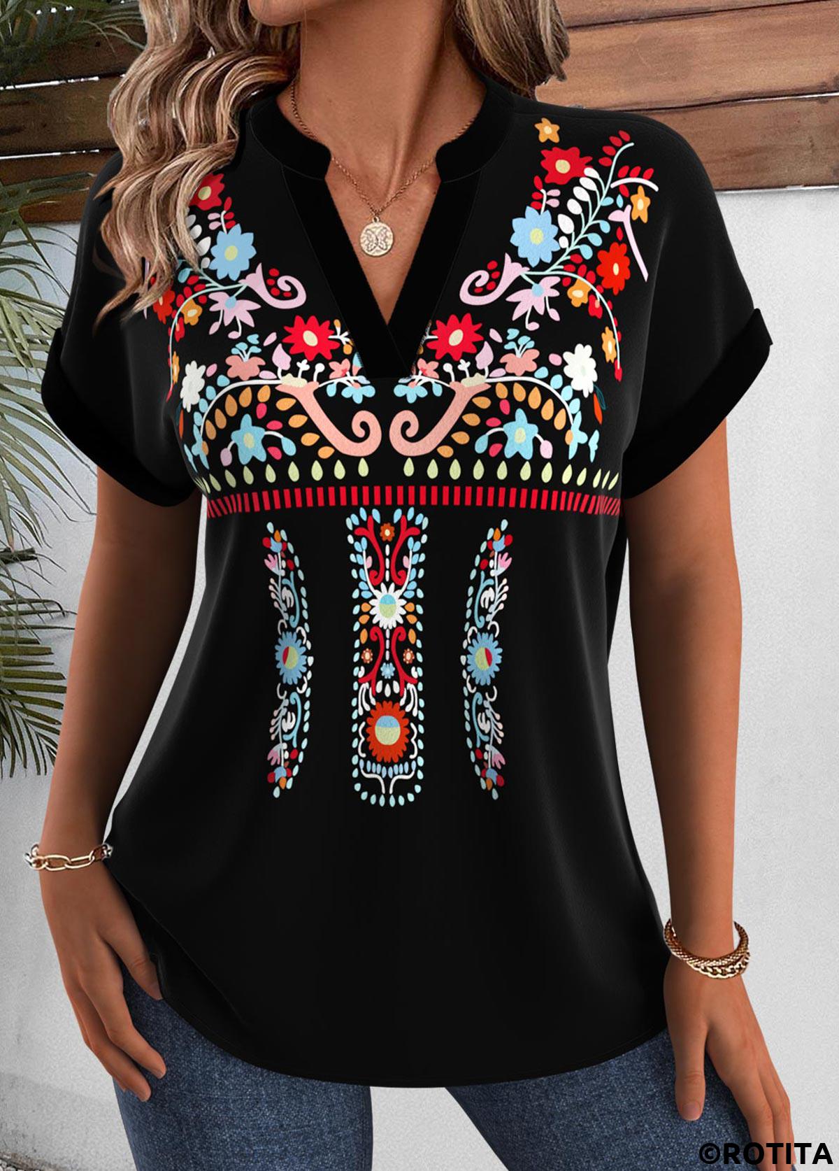 Black tops,Tribal tops,ROTITA Tribal Print Black Split Neck Short Sleeve Blouse
