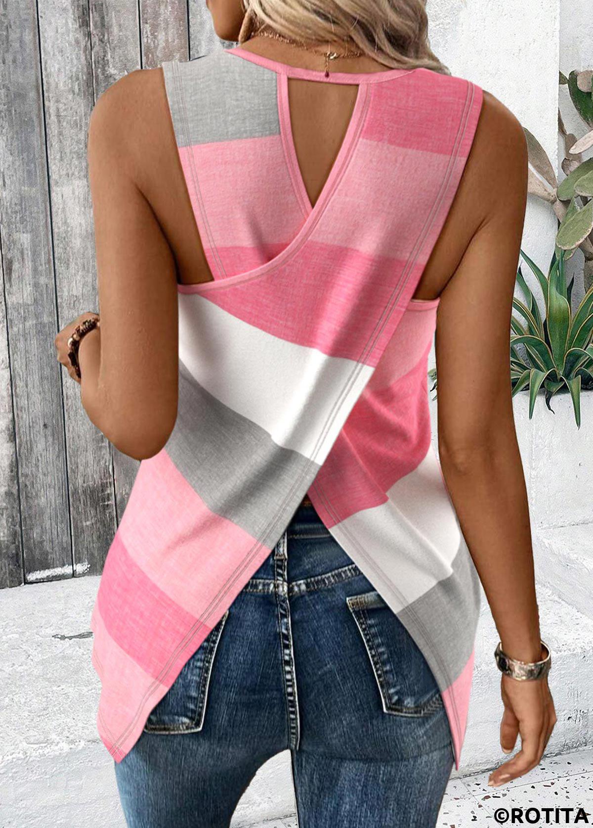 Pink tops,Striped tops,Geometric tops,ROTITA Criss Cross Striped Pink Round Neck Sleeveless Tank Top