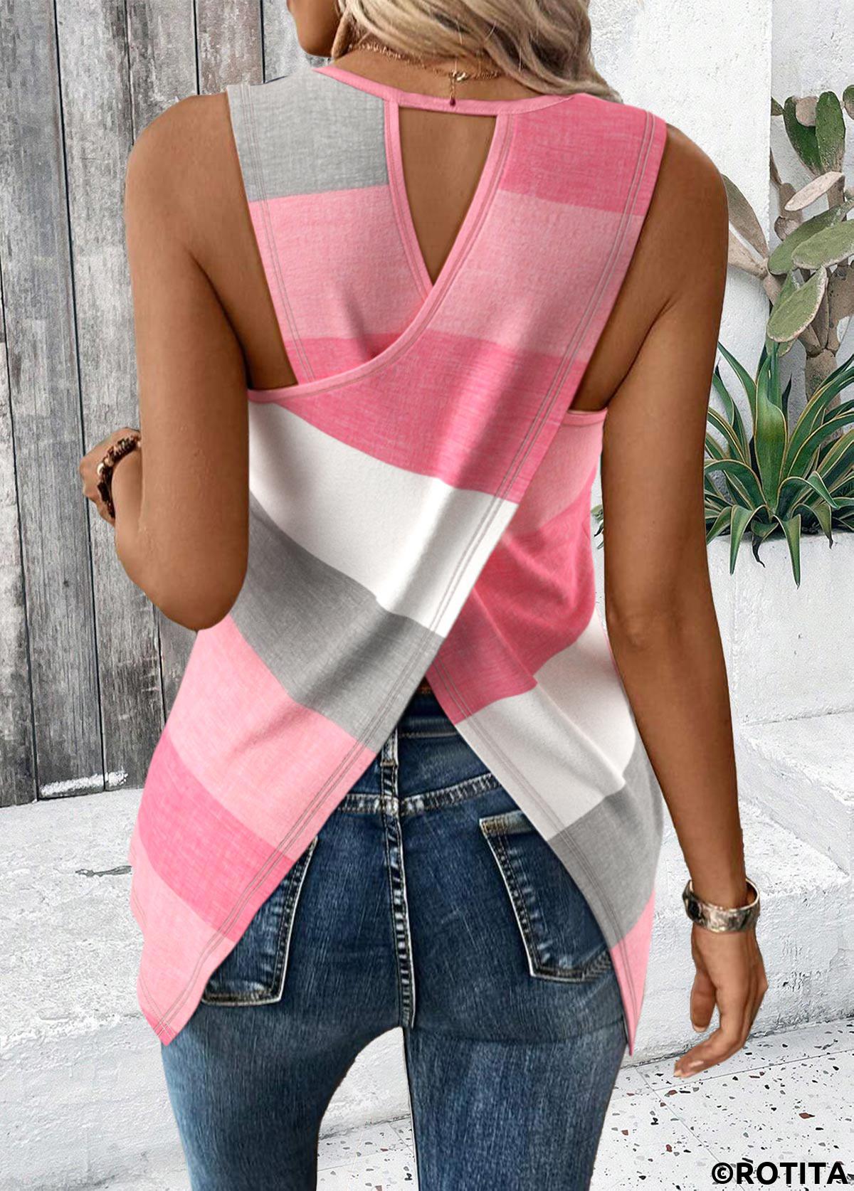 Pink tops,Striped tops,Geometric tops,ROTITA Criss Cross Striped Pink Round Neck Sleeveless Tank Top