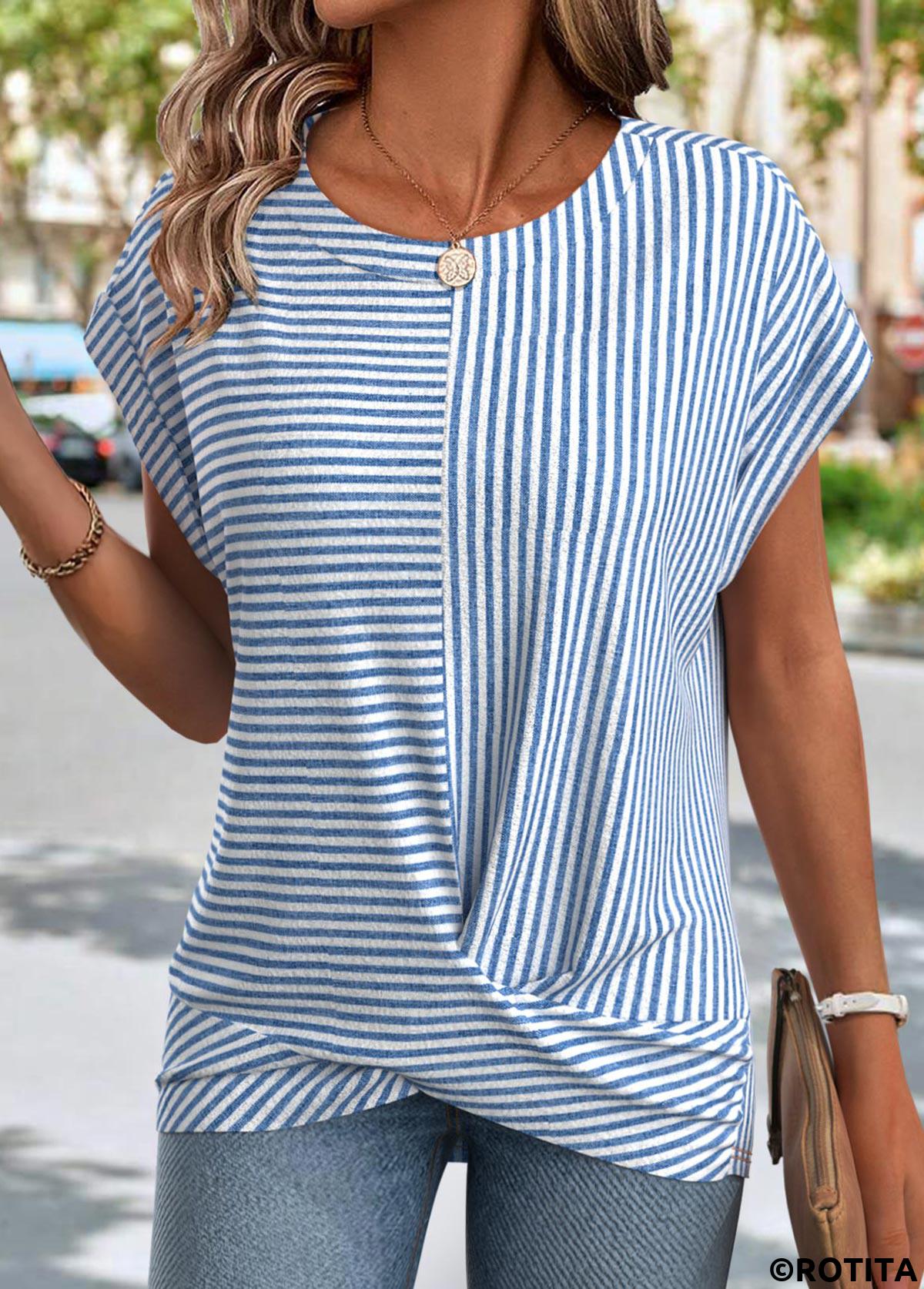 ROTITA Cross Hem Striped Light Blue Round Neck T Shirt