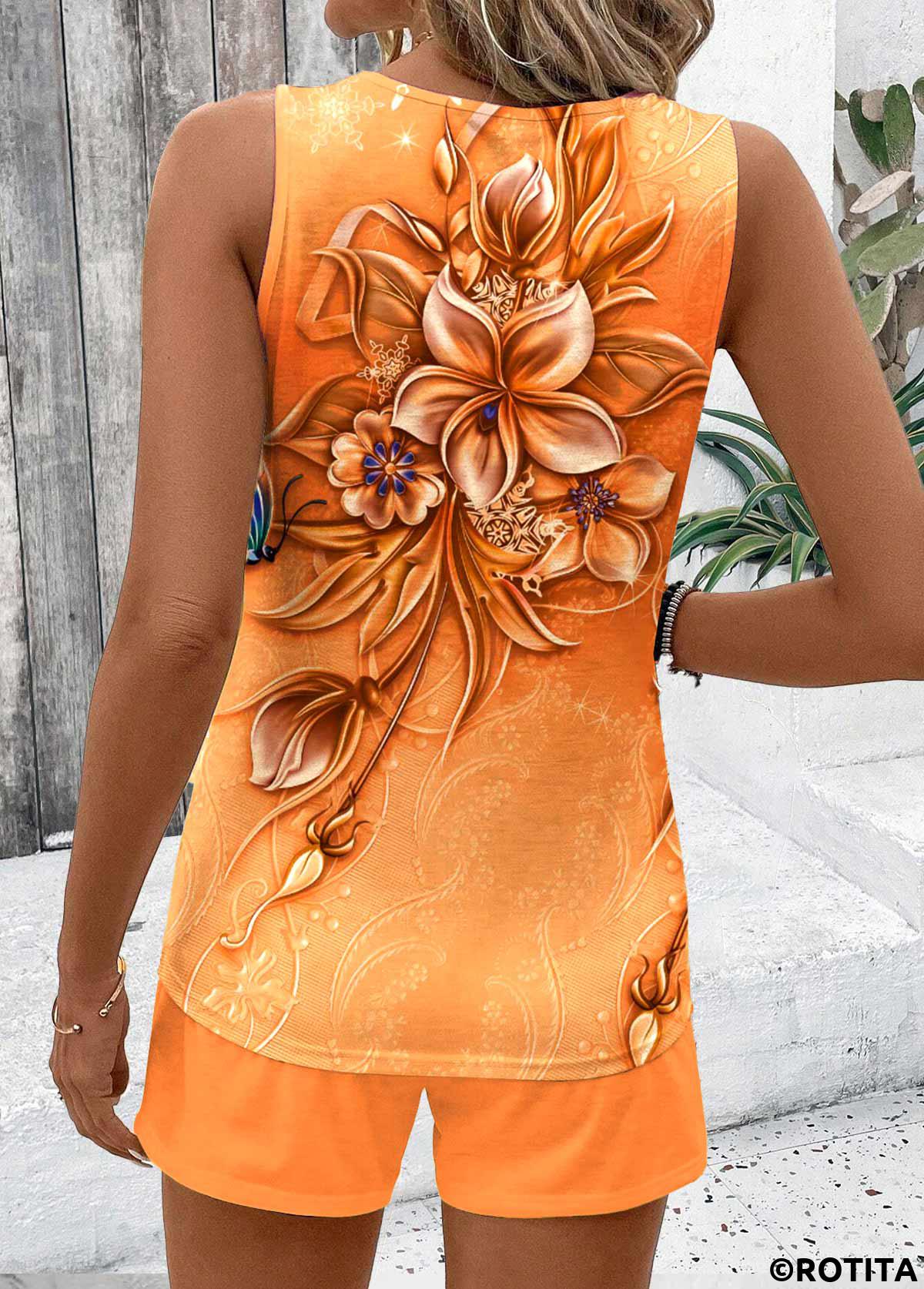 Orange tops,Floral tops,Plants tops,ROTITA Two Piece Floral Print Orange Sleeveless Top and Shorts