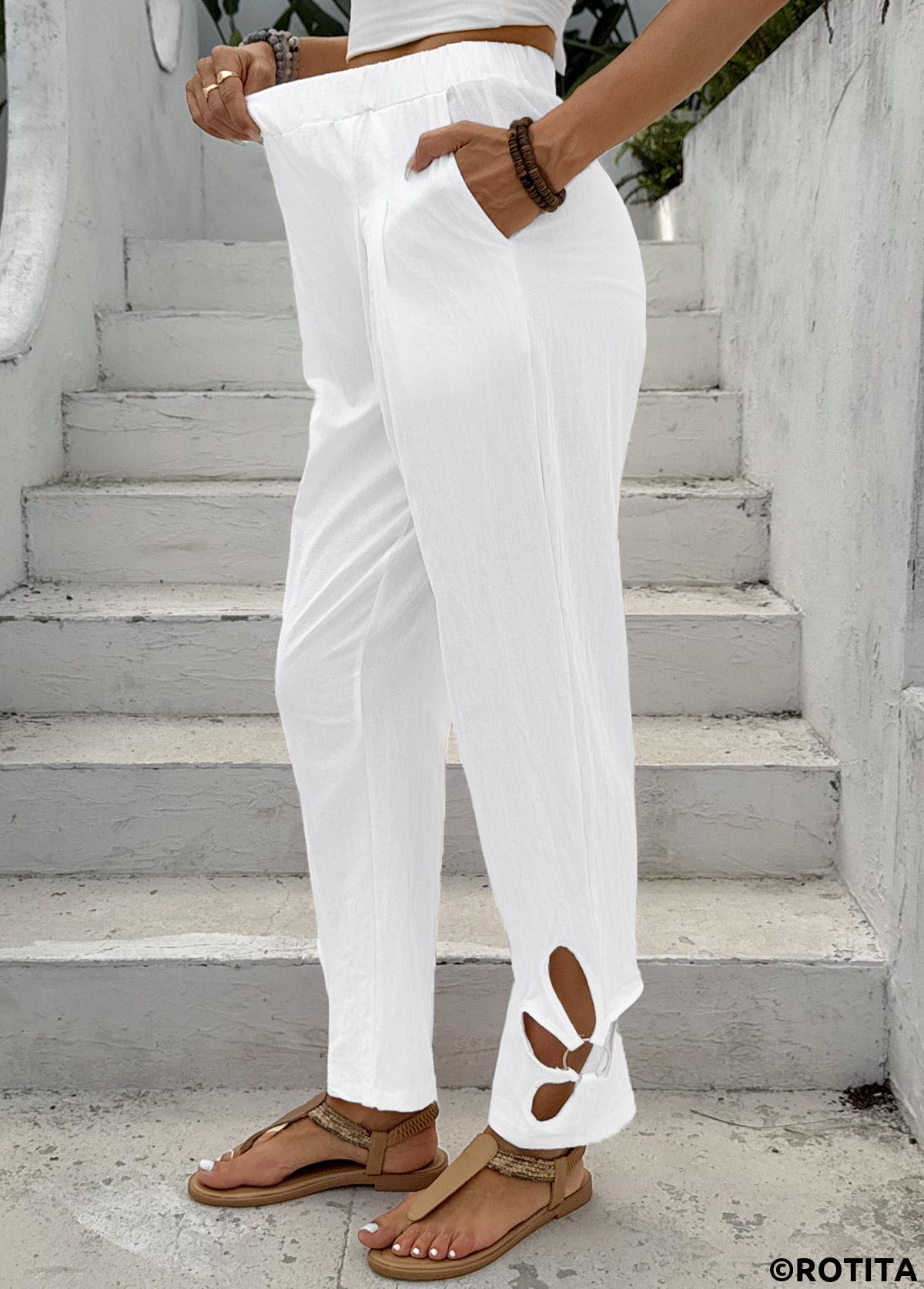 White bottoms,Plain Color bottoms,White Straight Leg Elastic Waist Mid Waisted Pants