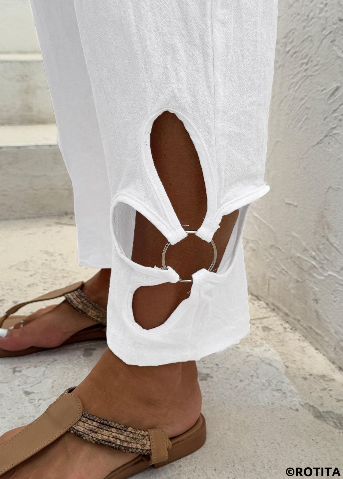White bottoms,Plain Color bottoms,White Straight Leg Elastic Waist Mid Waisted Pants