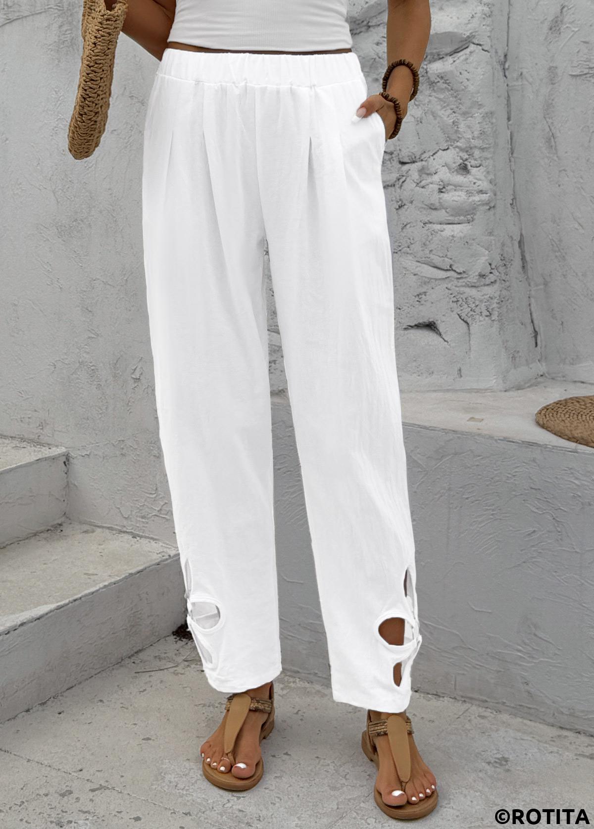 White bottoms,Plain Color bottoms,White Straight Leg Elastic Waist Mid Waisted Pants