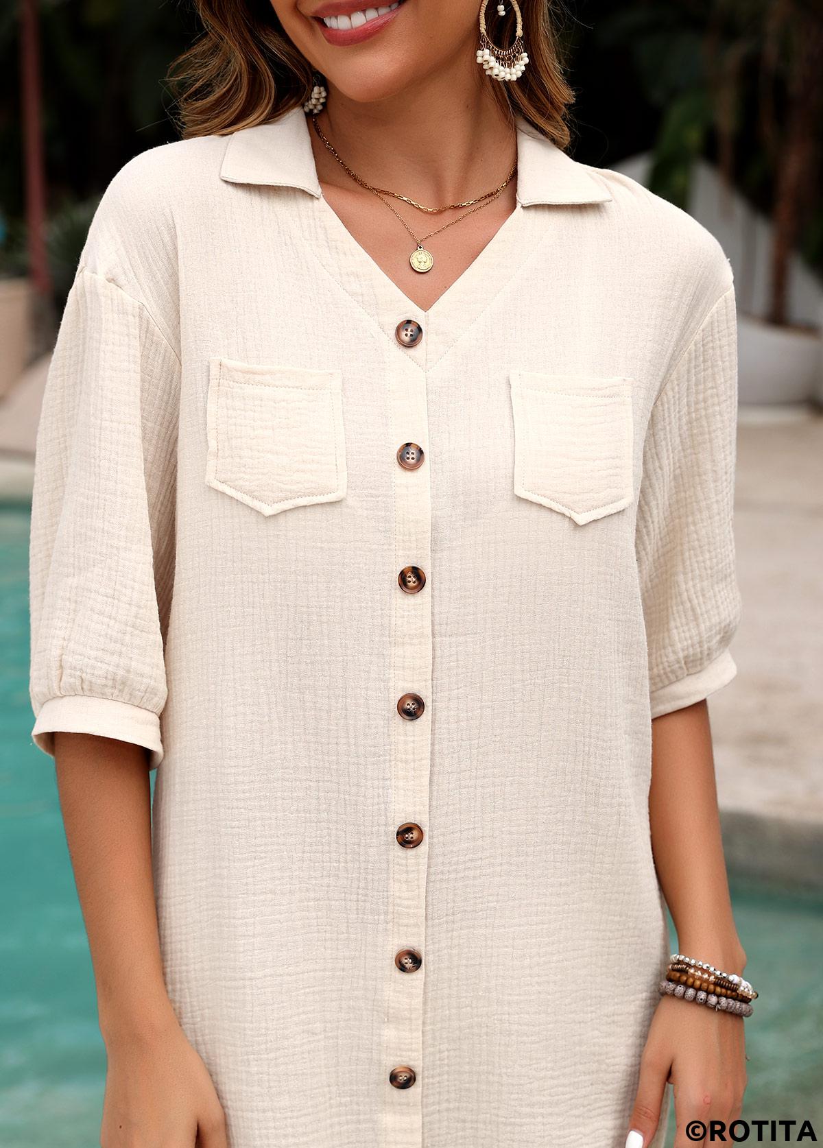 Beige swimwear,Plain Color swimwear,3/4 Sleeve Button Beige Cover Up
