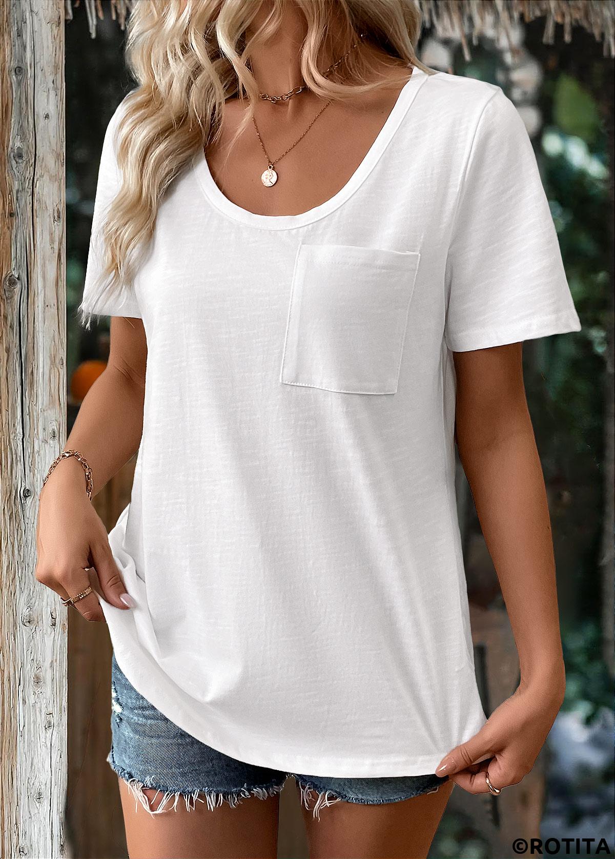 White tops,Plain Color tops,ROTITA White Round Neck Short Sleeve T Shirt