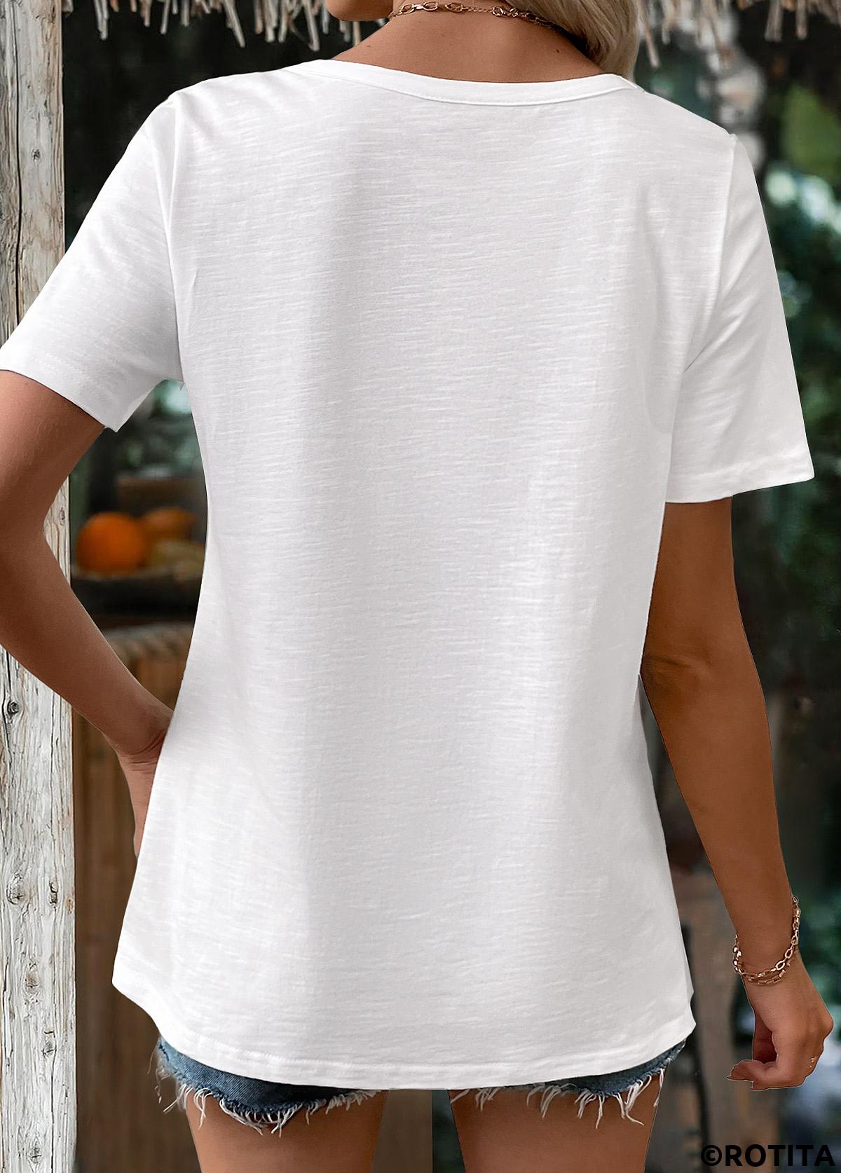 White tops,Plain Color tops,ROTITA White Round Neck Short Sleeve T Shirt