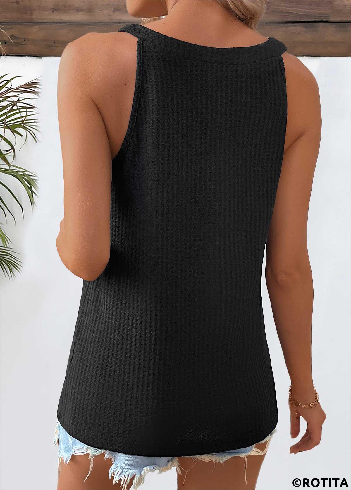 Black tops,Plain Color tops,ROTITA Black V Neck Short Sleeve Tank Top