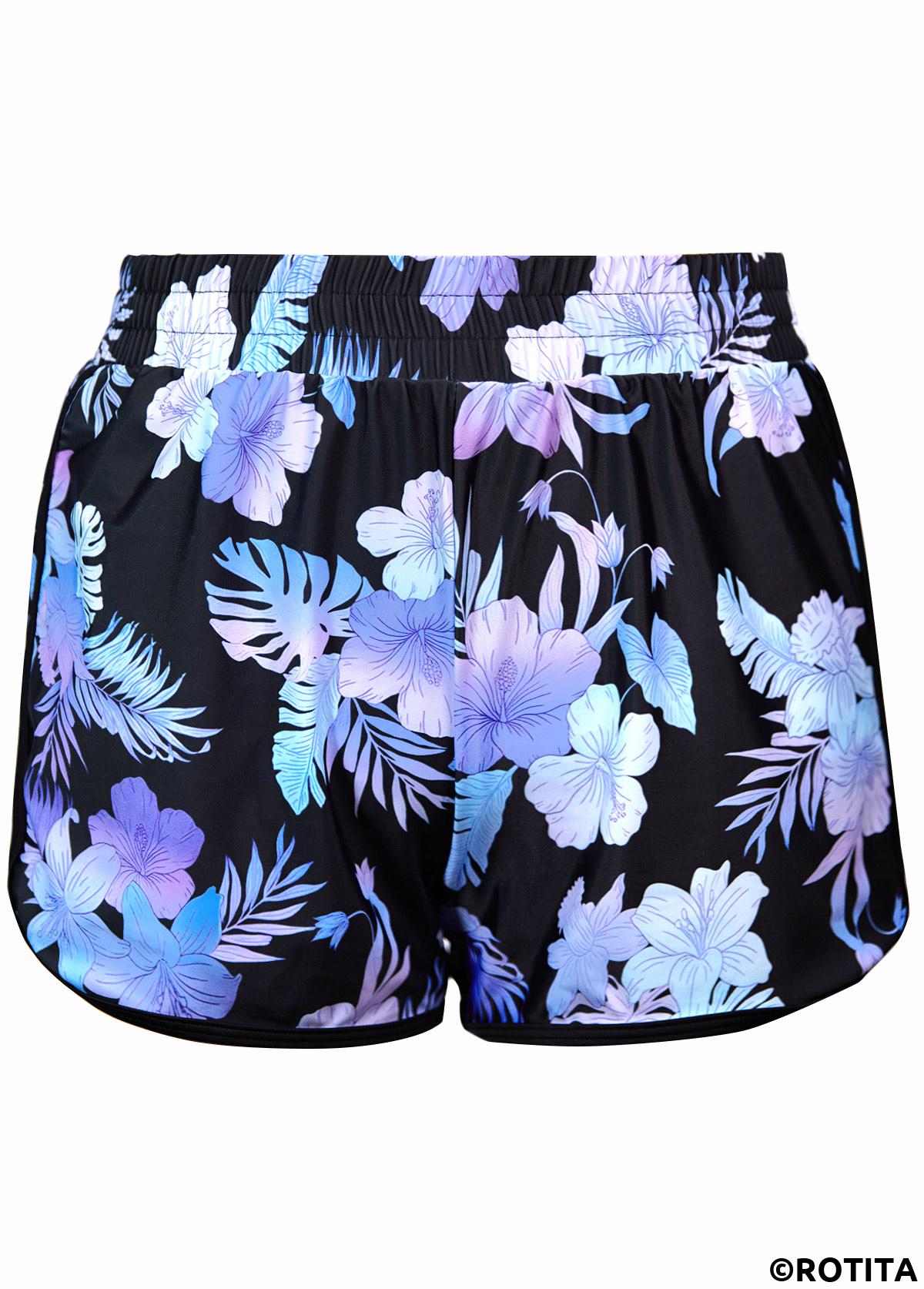 Black plus size,Floral plus size,Plants plus size,ROTITA Plus Size Mid Waisted Contrast Binding Black Tankini Set