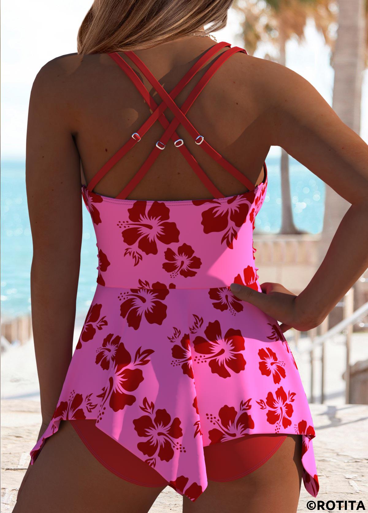 Deep Red swimwear,Pink swimwear,Floral swimwear,Plants swimwear,ROTITA Surplice Deep Red Floral Print Swimdress and Panty