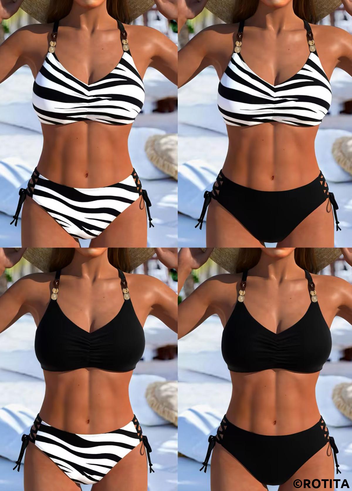 Black swimwear,Geometric swimwear,ROTITA Tie Black Geometric Print High Waisted Bikini Set