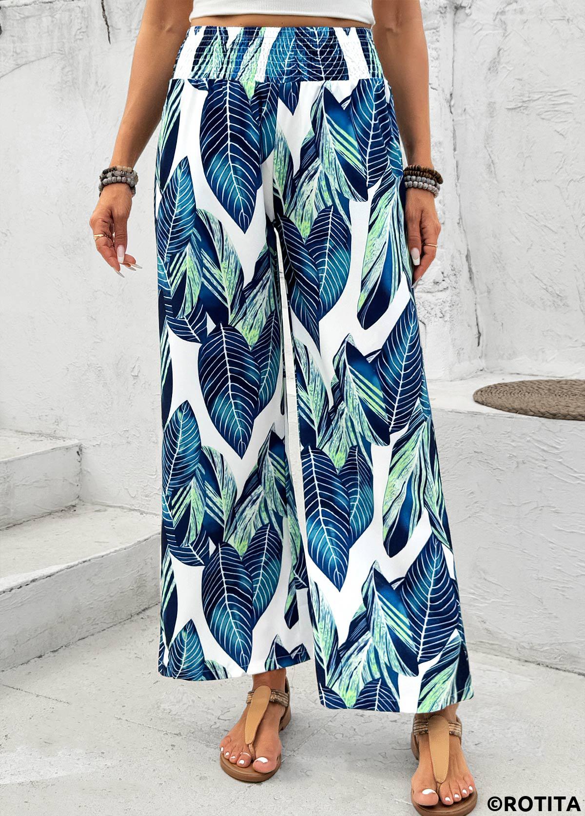 Peacock Blue bottoms,Plants bottoms,Leaf Print Peacock Blue Wide Leg Elastic Waist Pants