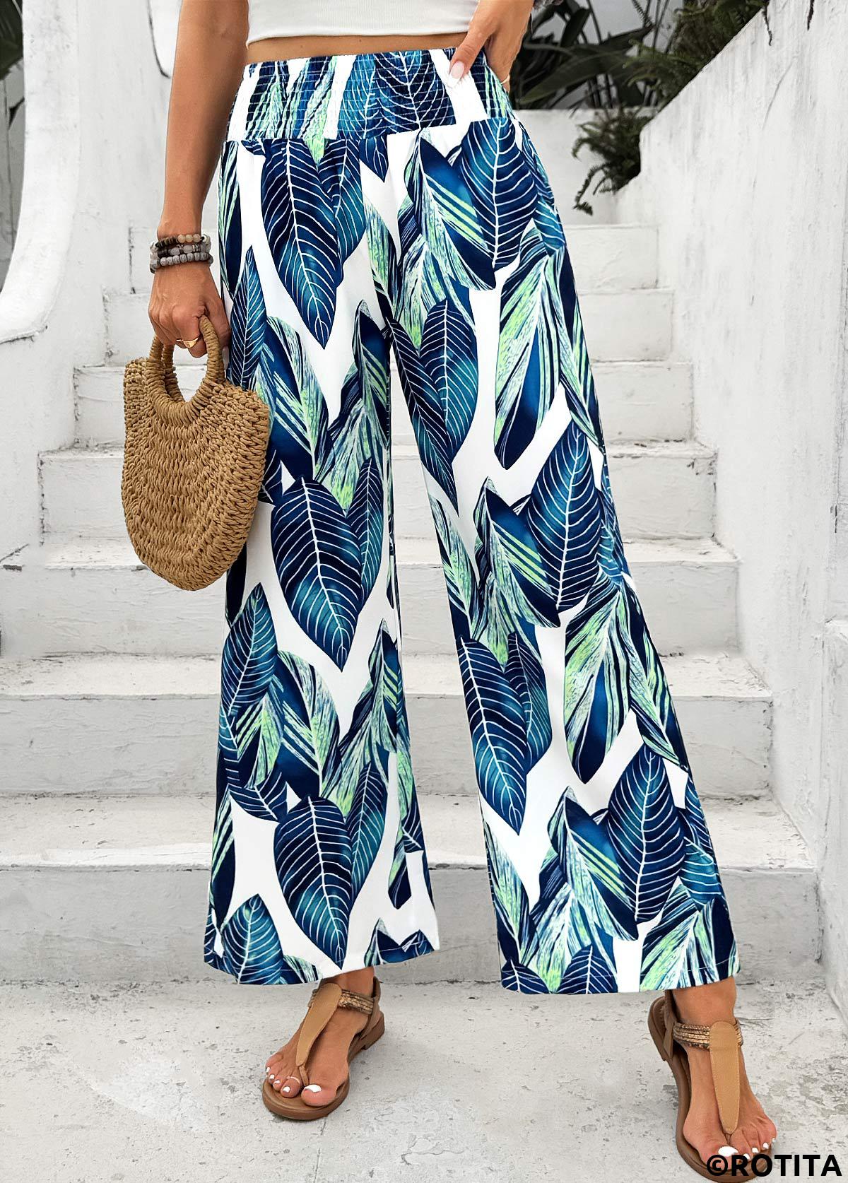 Peacock Blue bottoms,Plants bottoms,Leaf Print Peacock Blue Wide Leg Elastic Waist Pants