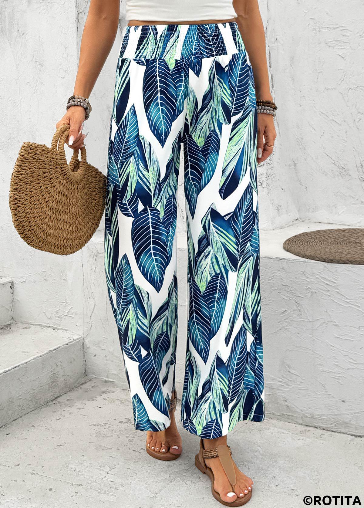Peacock Blue bottoms,Plants bottoms,Leaf Print Peacock Blue Wide Leg Elastic Waist Pants