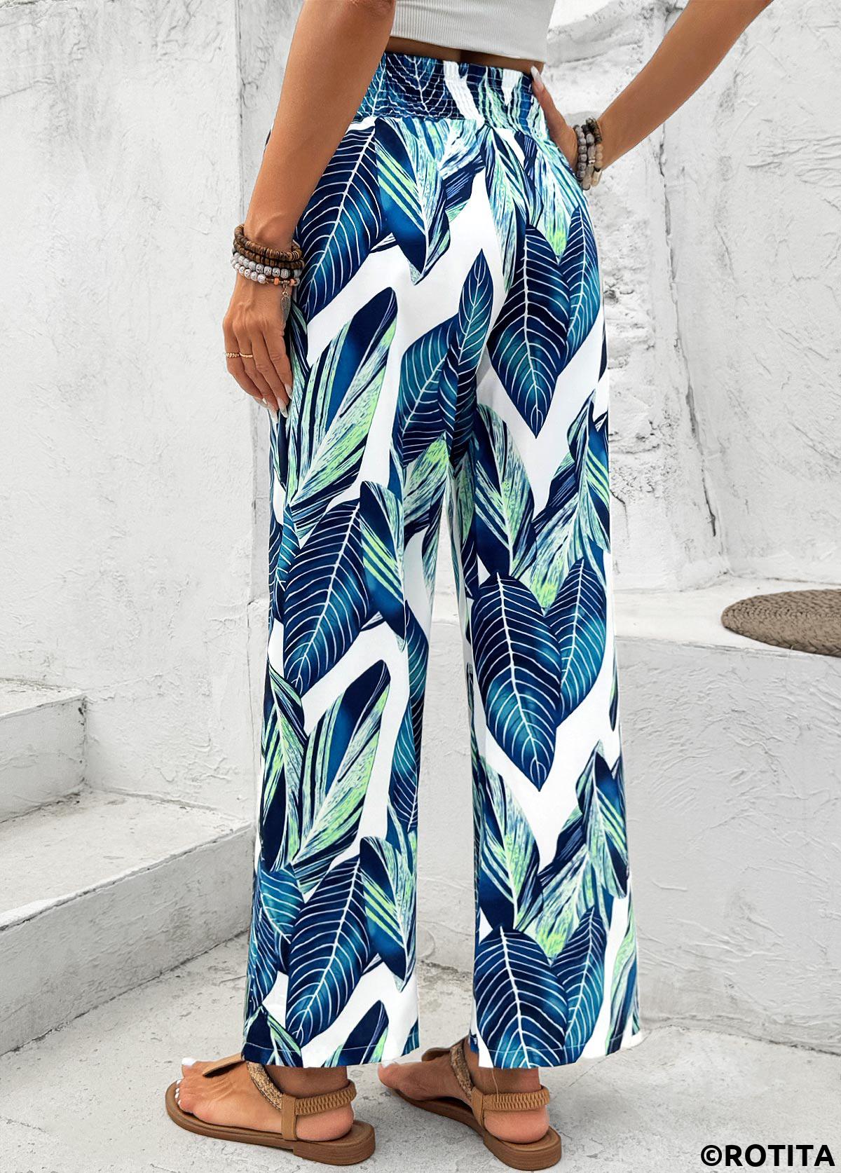 Peacock Blue bottoms,Plants bottoms,Leaf Print Peacock Blue Wide Leg Elastic Waist Pants