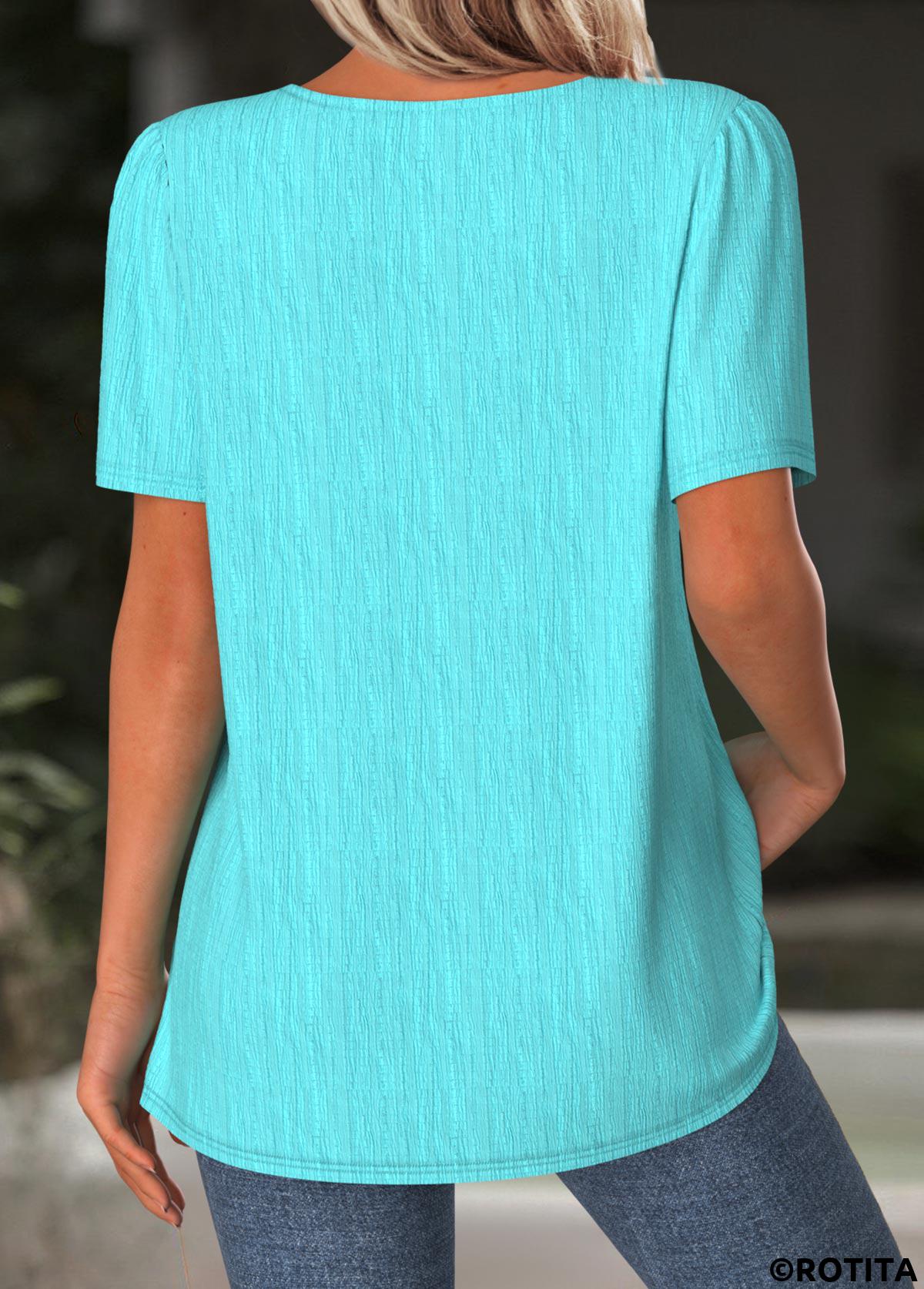 Cyan tops,Plain Color tops,ROTITA Cyan Round Neck Short Sleeve T Shirt