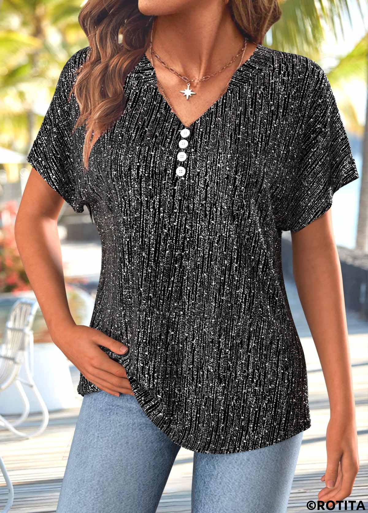 Black tops,Plain Color tops,ROTITA Button Black Split Neck Short Sleeve T Shirt