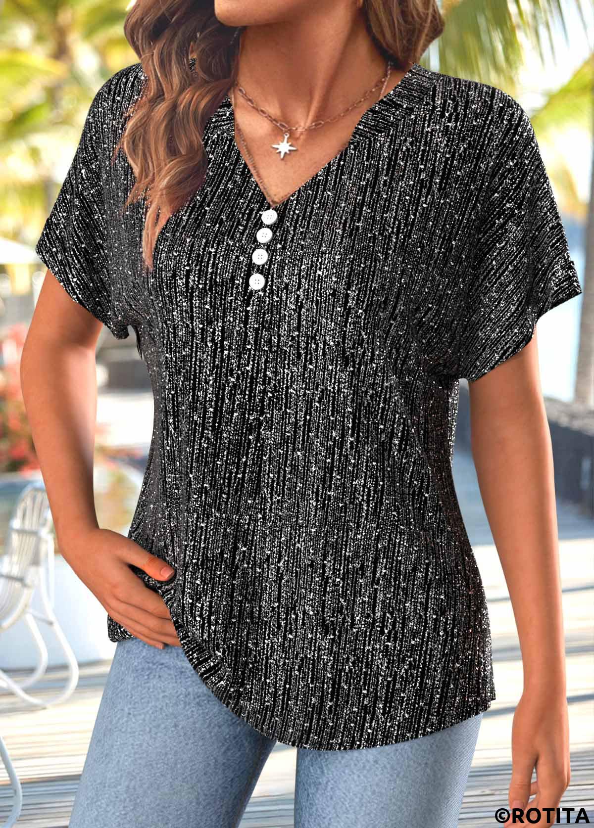 Black tops,Plain Color tops,ROTITA Button Black Split Neck Short Sleeve T Shirt