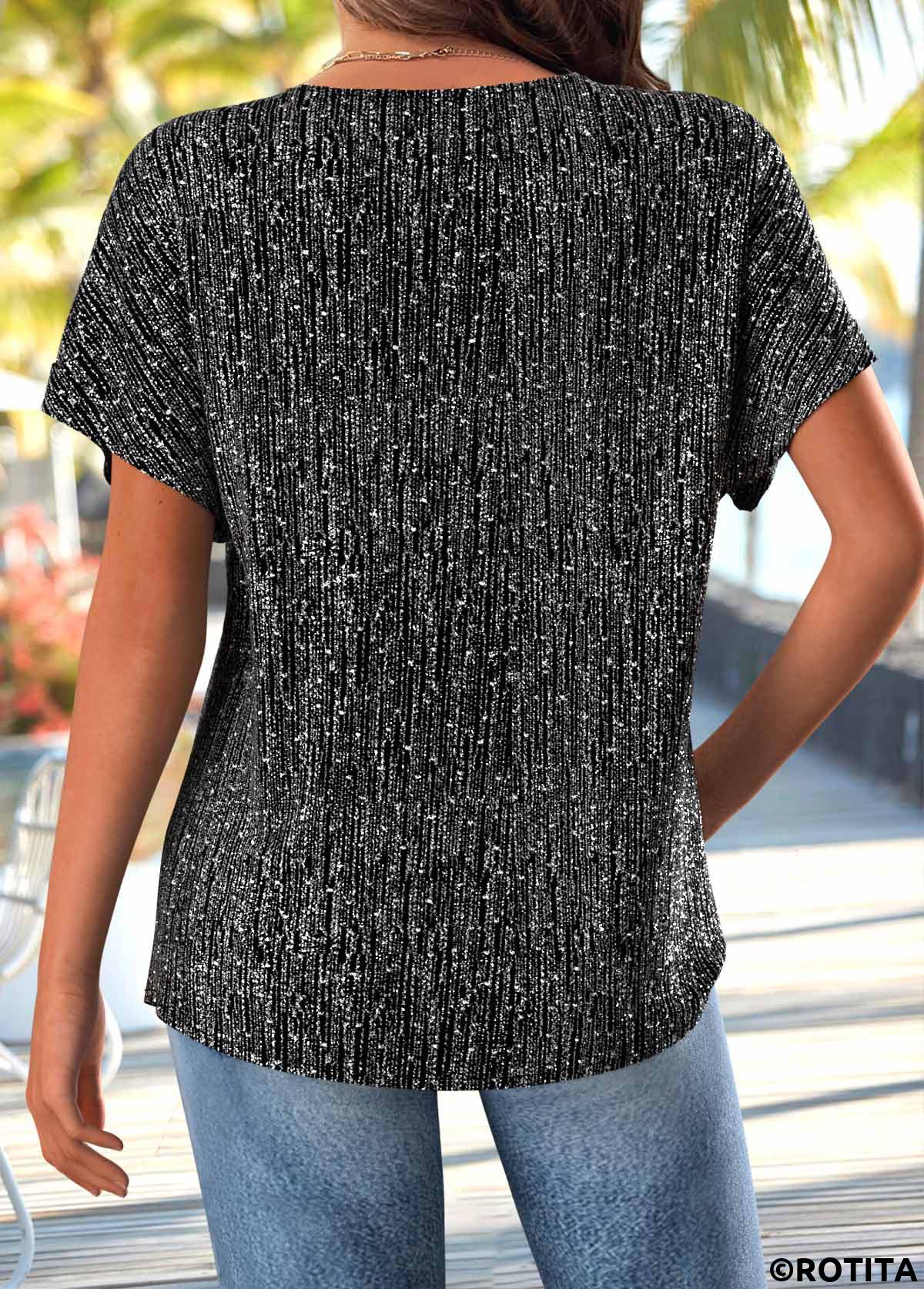 Black tops,Plain Color tops,ROTITA Button Black Split Neck Short Sleeve T Shirt