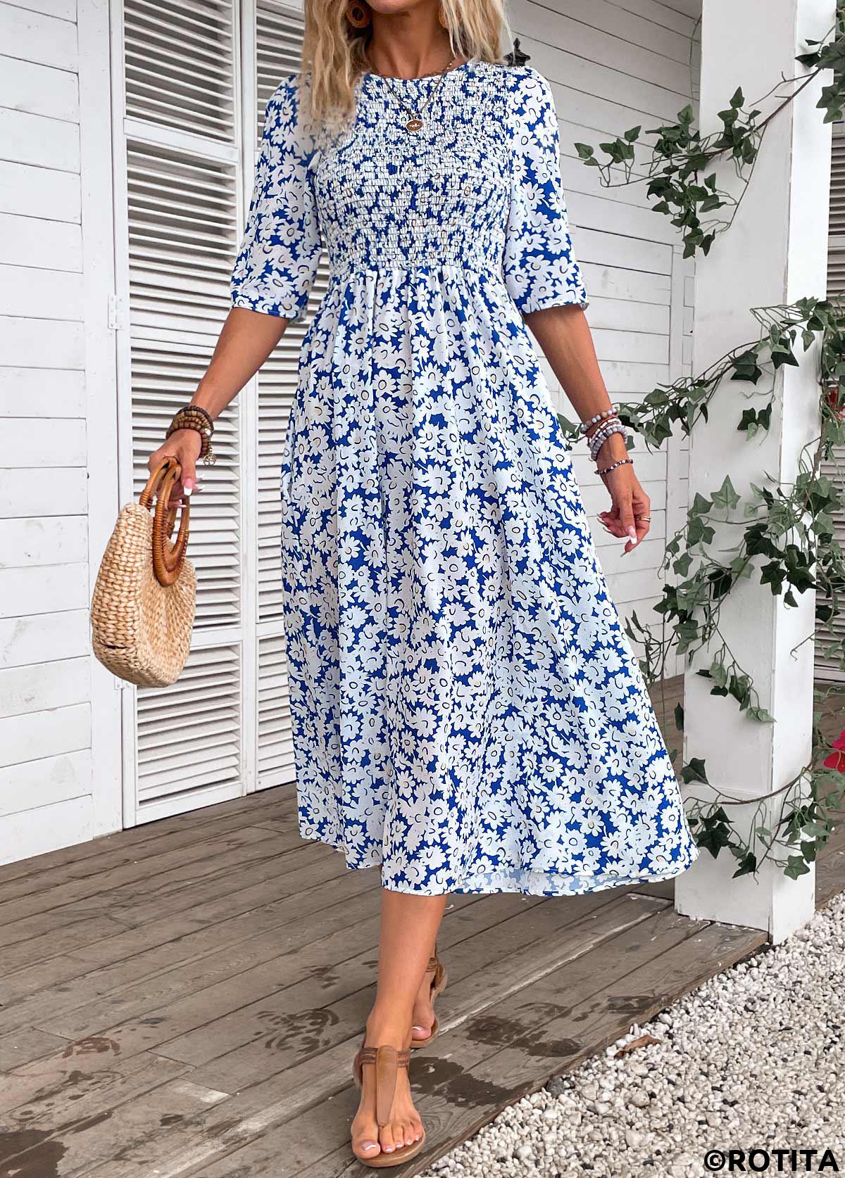 Blue plus size,White plus size,Ditsy Floral plus size,ROTITA Plus Size Smocked Blue Ditsy Floral Print Dress