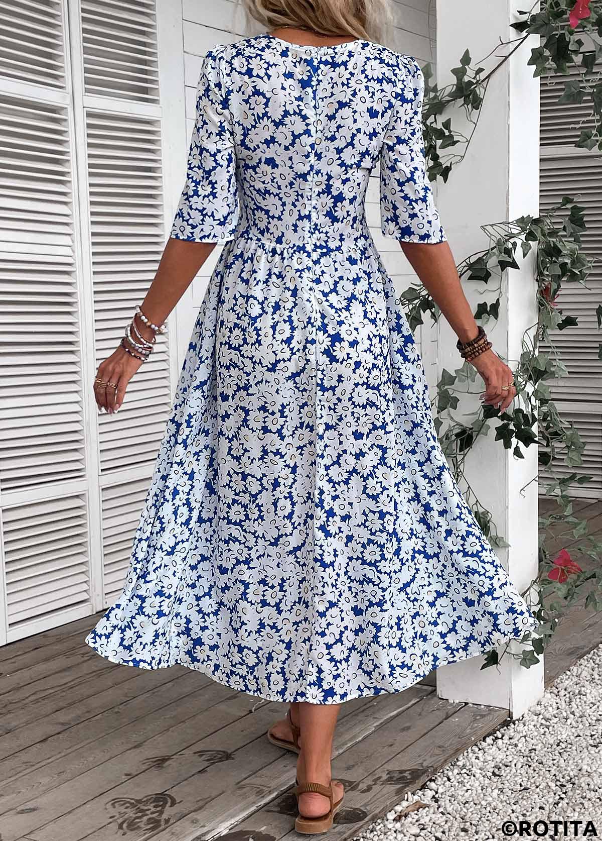Blue plus size,White plus size,Ditsy Floral plus size,ROTITA Plus Size Smocked Blue Ditsy Floral Print Dress