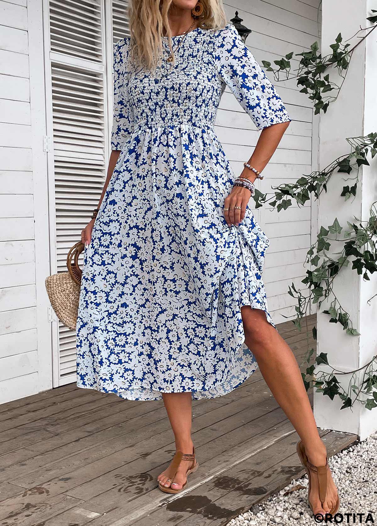 Blue plus size,White plus size,Ditsy Floral plus size,ROTITA Plus Size Smocked Blue Ditsy Floral Print Dress