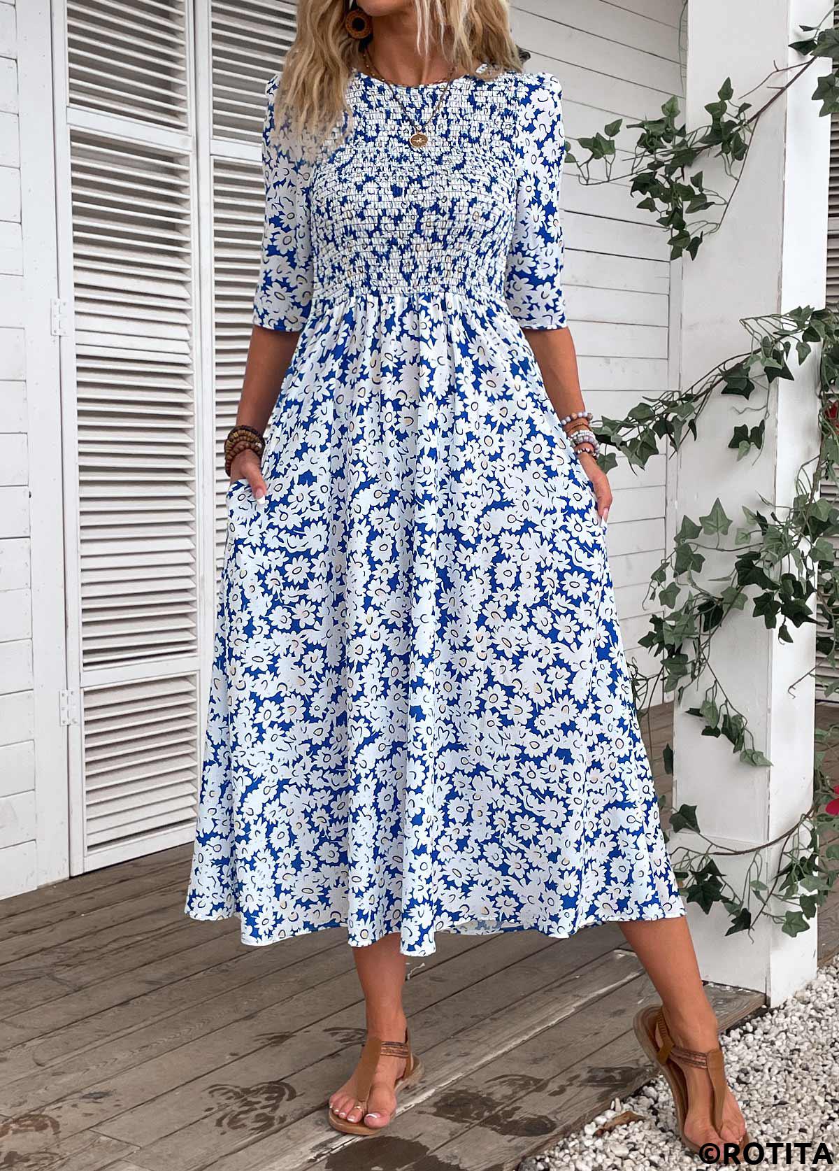 Blue dresses,White dresses,Ditsy Floral dresses,Vacation dresses,Vacation dresses,ROTITA Smocked Ditsy Floral Print Blue Round Neck Dress