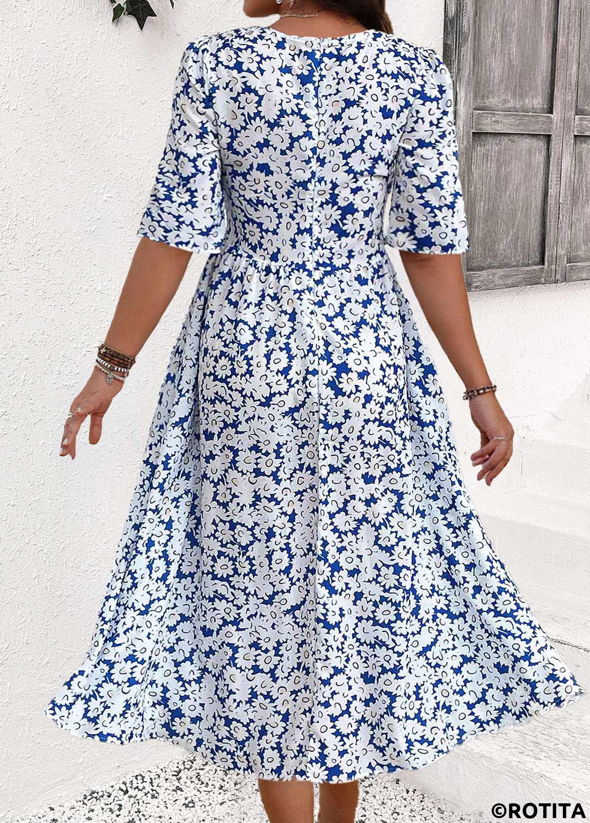 Blue plus size,White plus size,Ditsy Floral plus size,ROTITA Plus Size Smocked Blue Ditsy Floral Print Dress