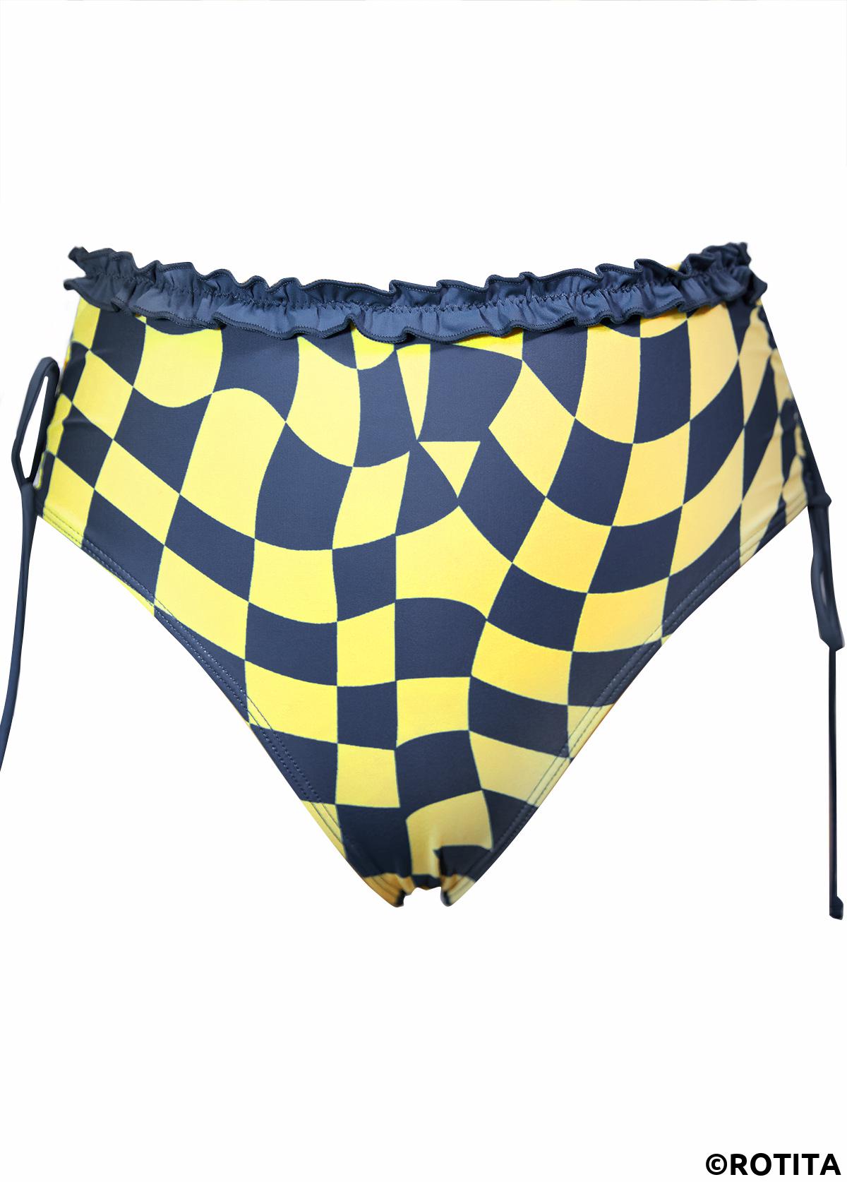 Light Yellow swimwear,Plaid swimwear,Geometric swimwear,ROTITA Two Piece Light Yellow Plaid Mid Waisted Bikini Set