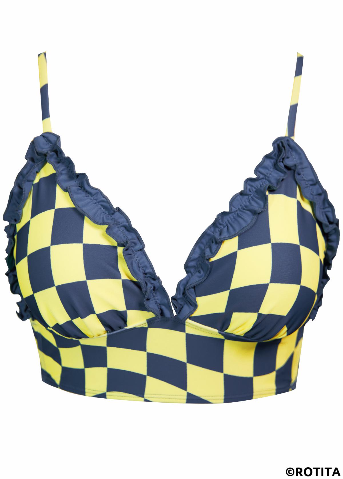 Light Yellow swimwear,Plaid swimwear,Geometric swimwear,ROTITA Two Piece Light Yellow Plaid Mid Waisted Bikini Set