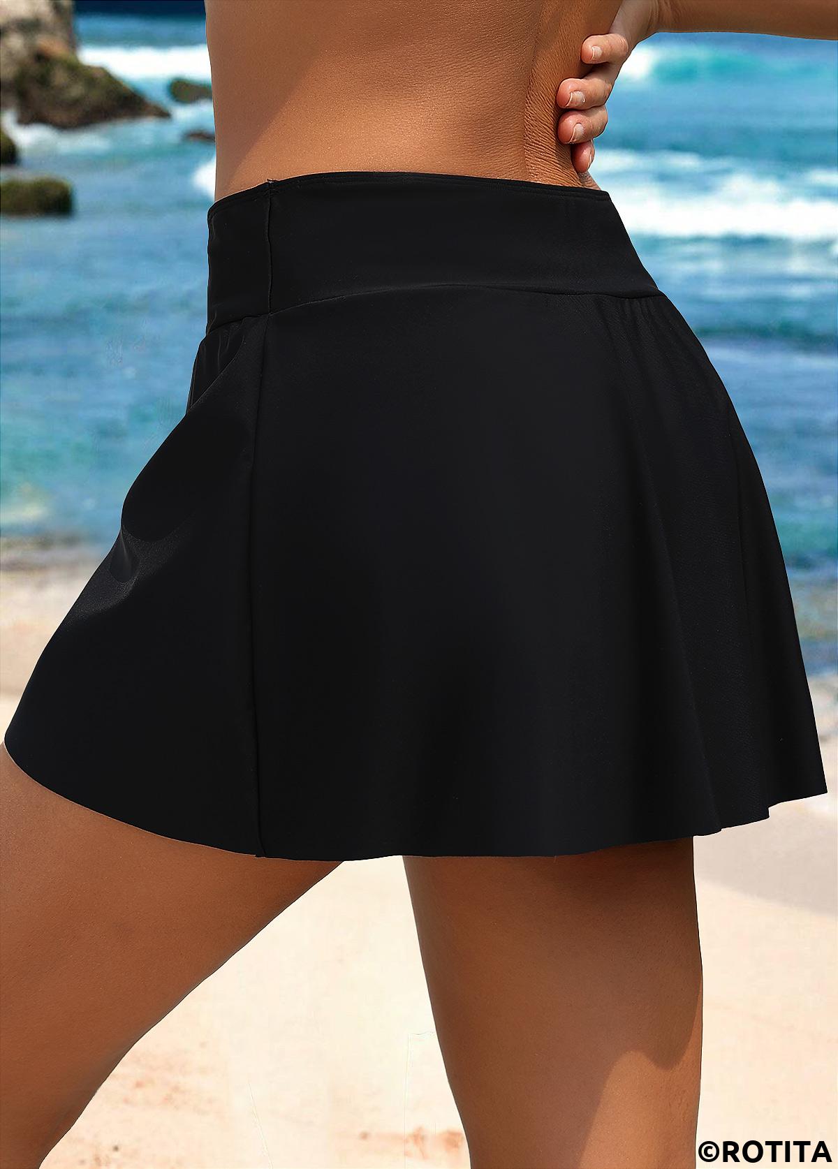 Black swimwear,Plain Color swimwear,ROTITA Black Color High Waisted Swim Skirt
