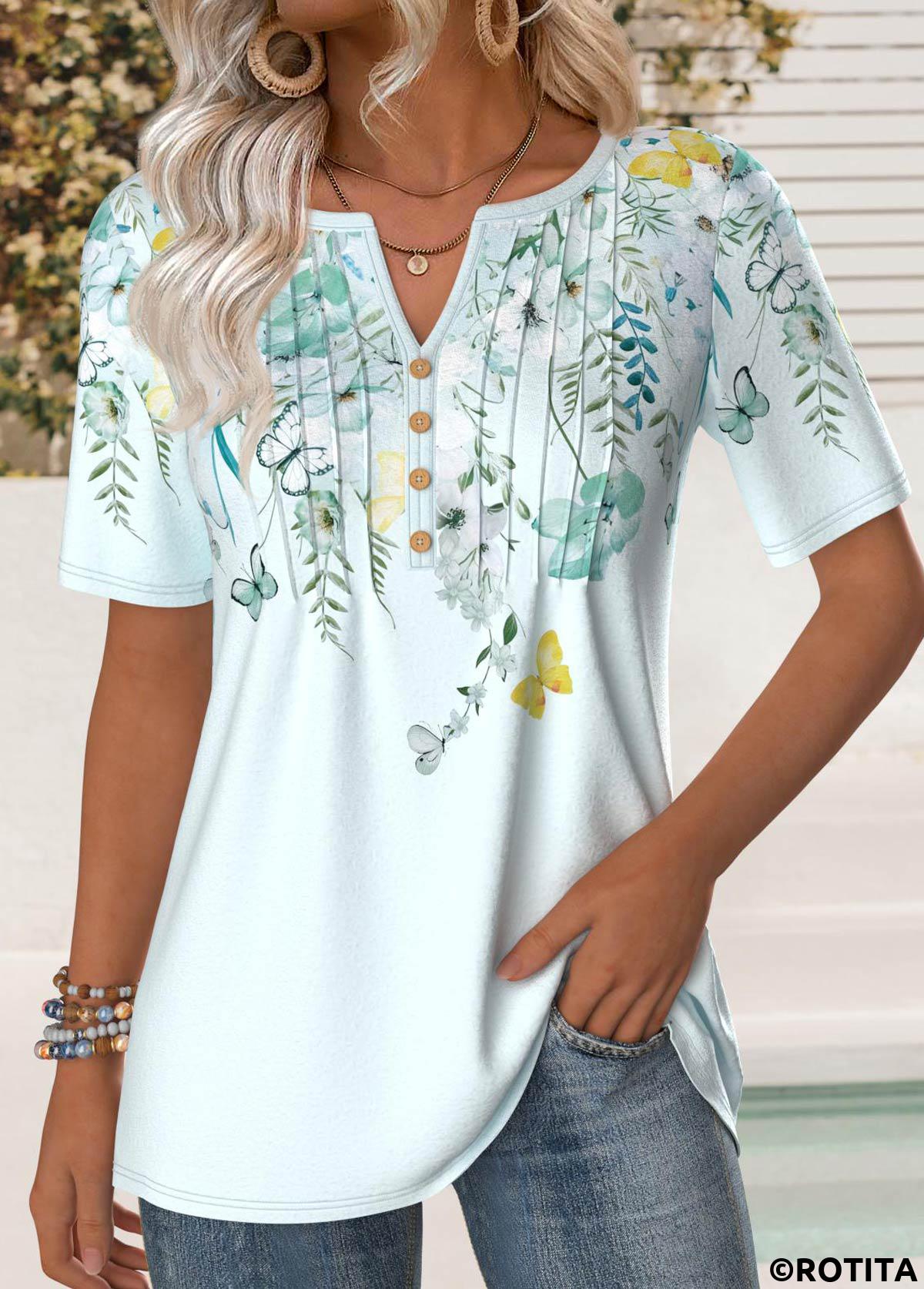 Mintgrünes T-Shirt mit Blumendruck und Rotita-Stich