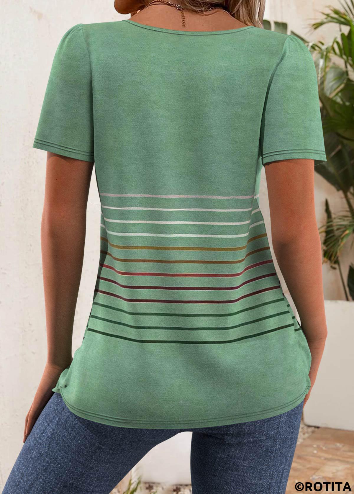 ROTITA Tuck Stitch Multi Stripe Print Green T Shirt