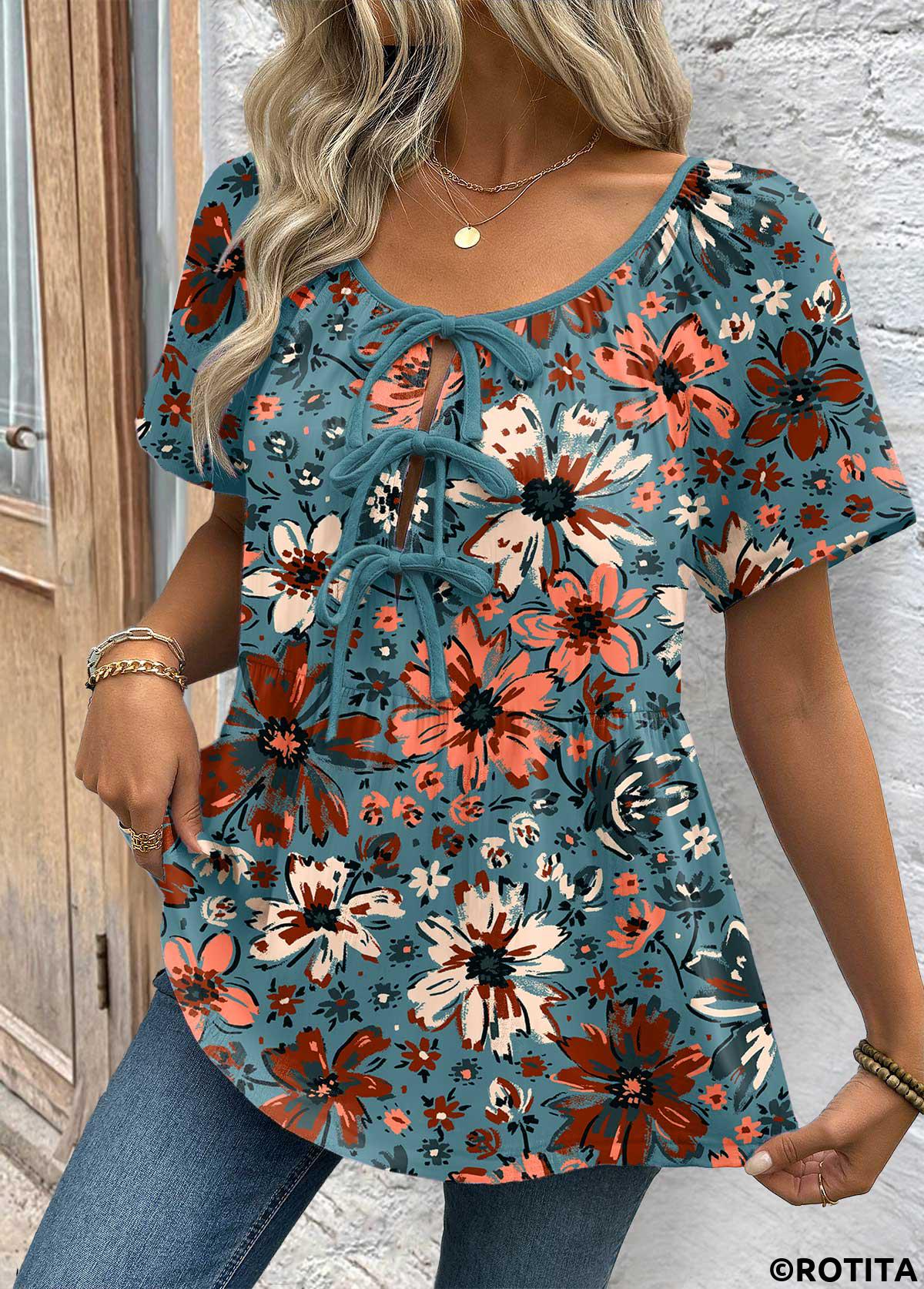 ROTITA Ditsy Floral Print Peacock Blue V Neck Blouse