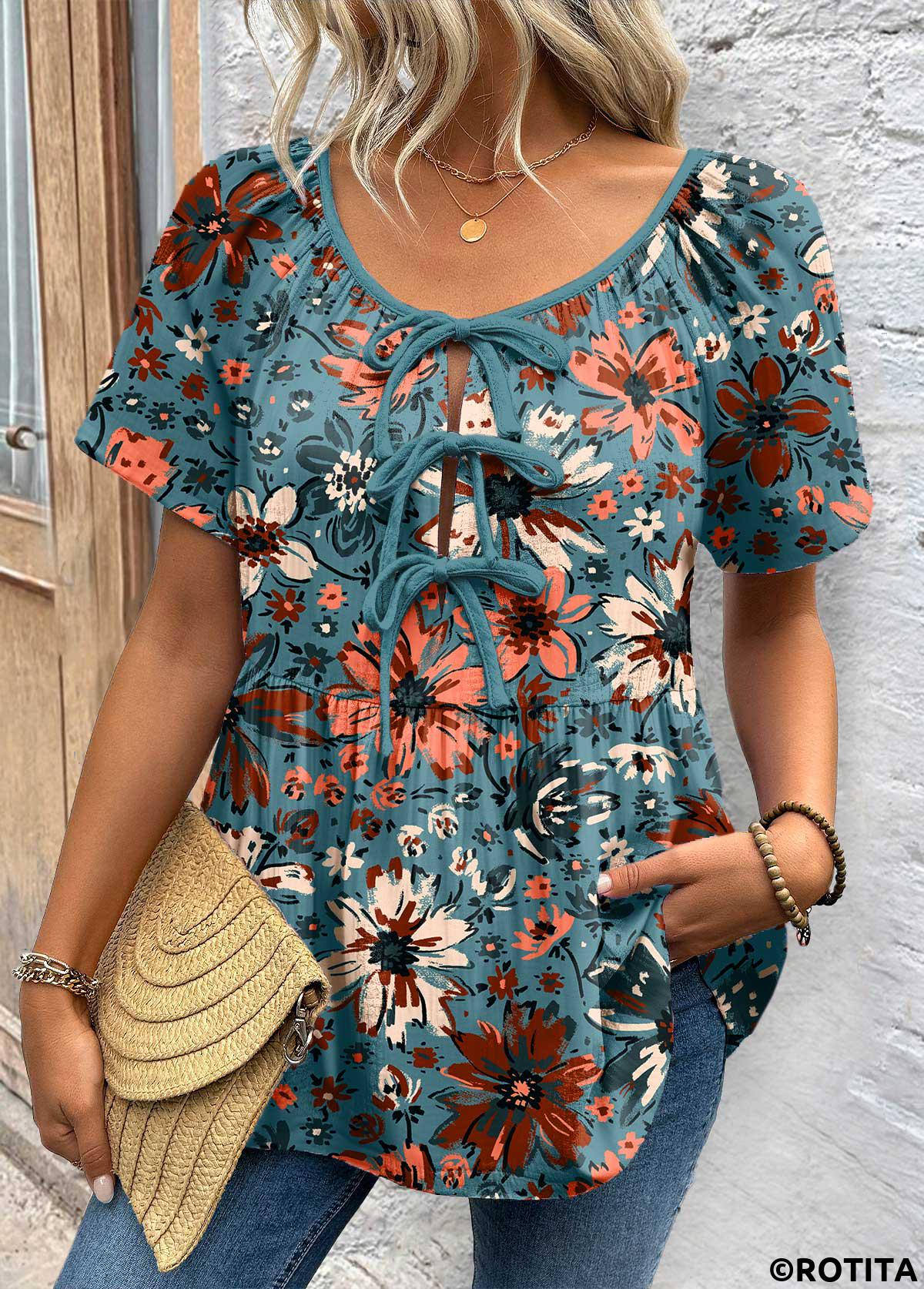 ROTITA Ditsy Floral Print Peacock Blue V Neck Blouse
