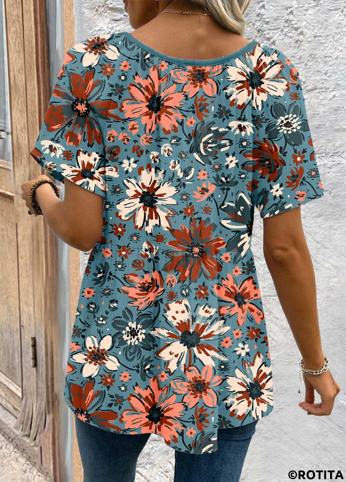 ROTITA Ditsy Floral Print Peacock Blue V Neck Blouse