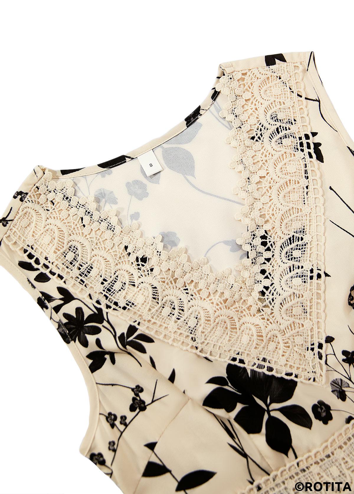 Beige dresses,Floral dresses,Plants dresses,Everyday dresses,Casual dresses,ROTITA Embroidery Floral Print Beige V Neck Sleeveless Dress